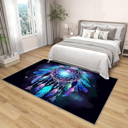 Tapis à poils courts bleu scène céleste de rêve motif attrape-rêves en plumes - 4