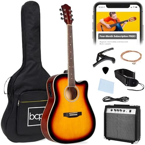 Best Choice Products Beginner Acoustic Electric Guitar Starter Set w/ 41in, All Wood Cutaway Design, Gig Bag, Strap, Picks - Sunburst