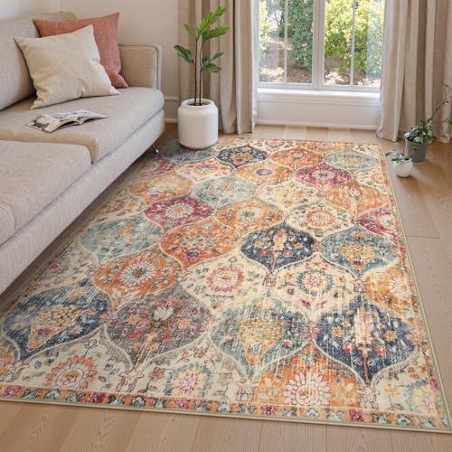 Lahome Moroccan Trellis Washable Area Rugs 5x7, 5x7 Area Rugs for Living Room Bedroom, Indoor Non-Slip Large Oriental Accent Throw Carpet for Kitchen Entryway Bathroom Office, Cream/Multi