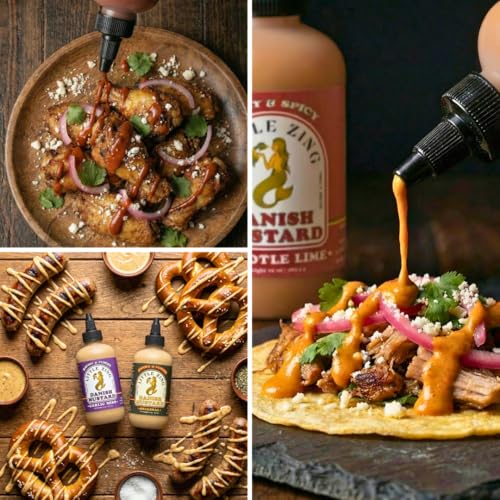Image of Little Zing Danish Mustard Variety Pack, Original + Garlic Miso + Chipotle Lime, 3 x 10 oz Squeeze Bottles, Drizzle-Ready Gourmet Sauces, No Preservatives, Foodie Gift Set