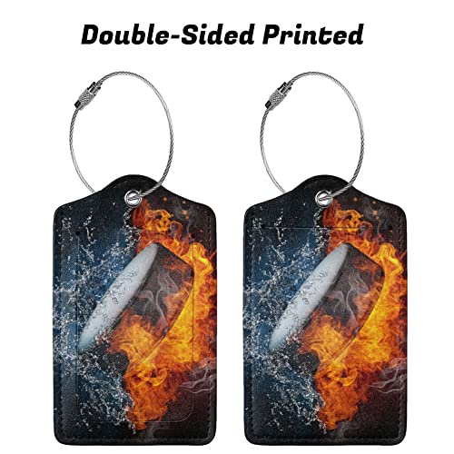 Hockey Ball Luggage Tags Suitcases 2 Piece Sports Backpack Tags For Boys Men, Cool Leather Name Id Label Identifiers Baggage Tag With Water & Fire Pattern For Kids Teens Adults Travel #TOP4