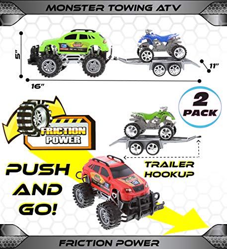 Mozlly Friction Powered Monster Trucks Car Toy Suv Towing Atv Toys Set Of 2 - Monster Truck With Trailer Atv Toys For Fun Playtime Indoor Or Outdoor - 2 Pack #TOP1
