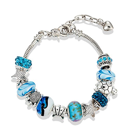 Brazalete Encantado - Pulsera Ajustable 19-23 cm Playa Estrella de mar - Tortuga Marina Concha de mar para Mujer Adolescente niña pequeña mamá Accesorio Regalo Chapado en 925 Plata esterlina