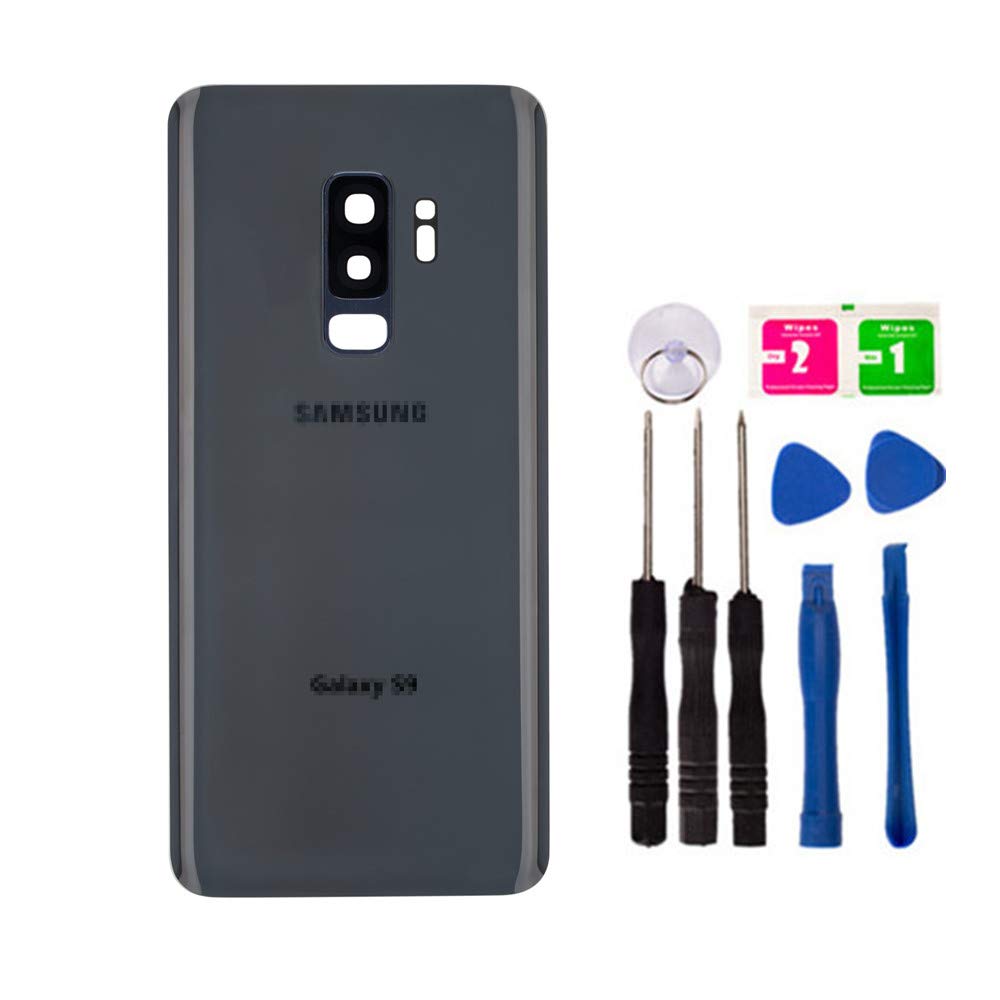 Replacement Back Glass Cover Back Housing Battery Door for Samsung Galaxy S9 Plus G965 with Preinstalled Adhesive Repair Part (with Camera Lens Cover)(OEM,Gray)