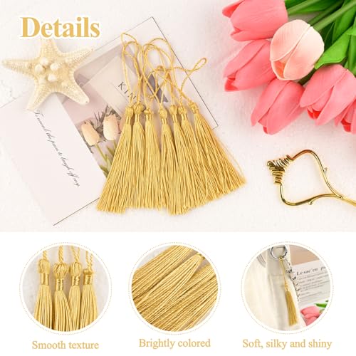 Image of NACHLYNN 120 Pcs Bookmark Tassels Bulk 13cm /5 Inch Light Gold Silky Handmade Soft Craft Mini Tassels for Jewelry Keychain Making with Loops for Dress Decoration DIY Craft Accessory