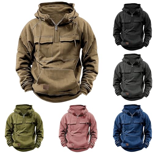 Tactical Hoodies for Men Quarter Zip Pullover Casual Long Sleeve Cargo Hoodies Vintage Drawstring Sweatshirt for Fall2