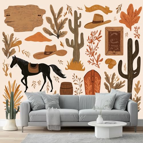 Papel pintado Elementos occidentales, ilustración del desierto Papel pintado tejido no tejido 200 x 140 cm decoración Pared decorativos Tv Fondo Pared Dormitorio Murales PapelMarrón Beige