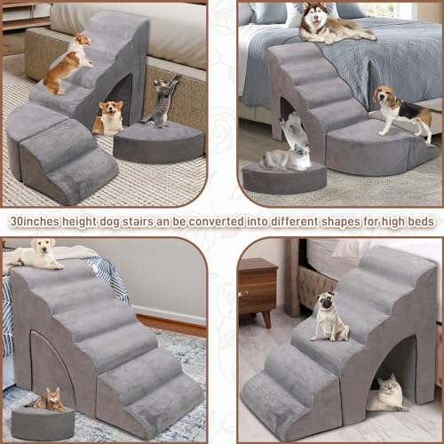 Foam Dog Steps&Stairs for High Tall Beds 25-30 inches High, LitaiL 6 Tier Pet Stairs/Steps for High
