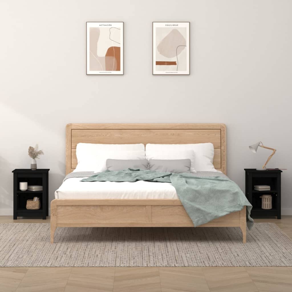PIXZSSI Comodini In Legno Massello Di Pino | 2 Pezzi Colore Nero | 40x35x61,5 Cm Con 2 Cassetti | Design Classico Per Camera Da Letto