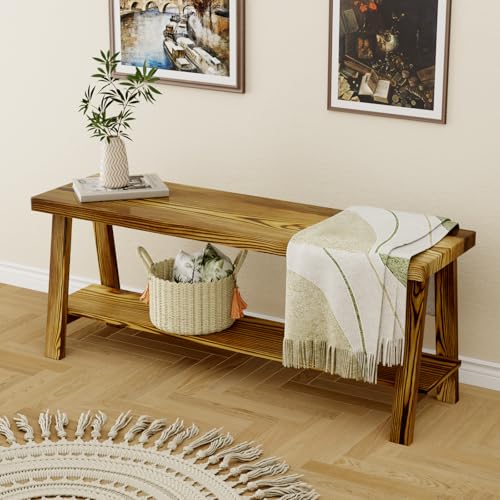 Delywh Solid Wood 43'' Farmhouse Entryway Bench with Shoe Storage, Rustic Wooden Bench for Bedroom...
