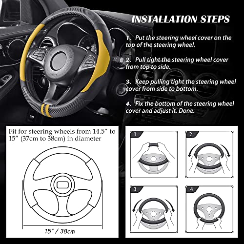 Pariitadin Car Steering Wheel Cover Universal 14.5-15 Inch, Non-Slip Microfiber Leather Automotive Car Wheel Cover, Carbon Black/Yellow #TOP4