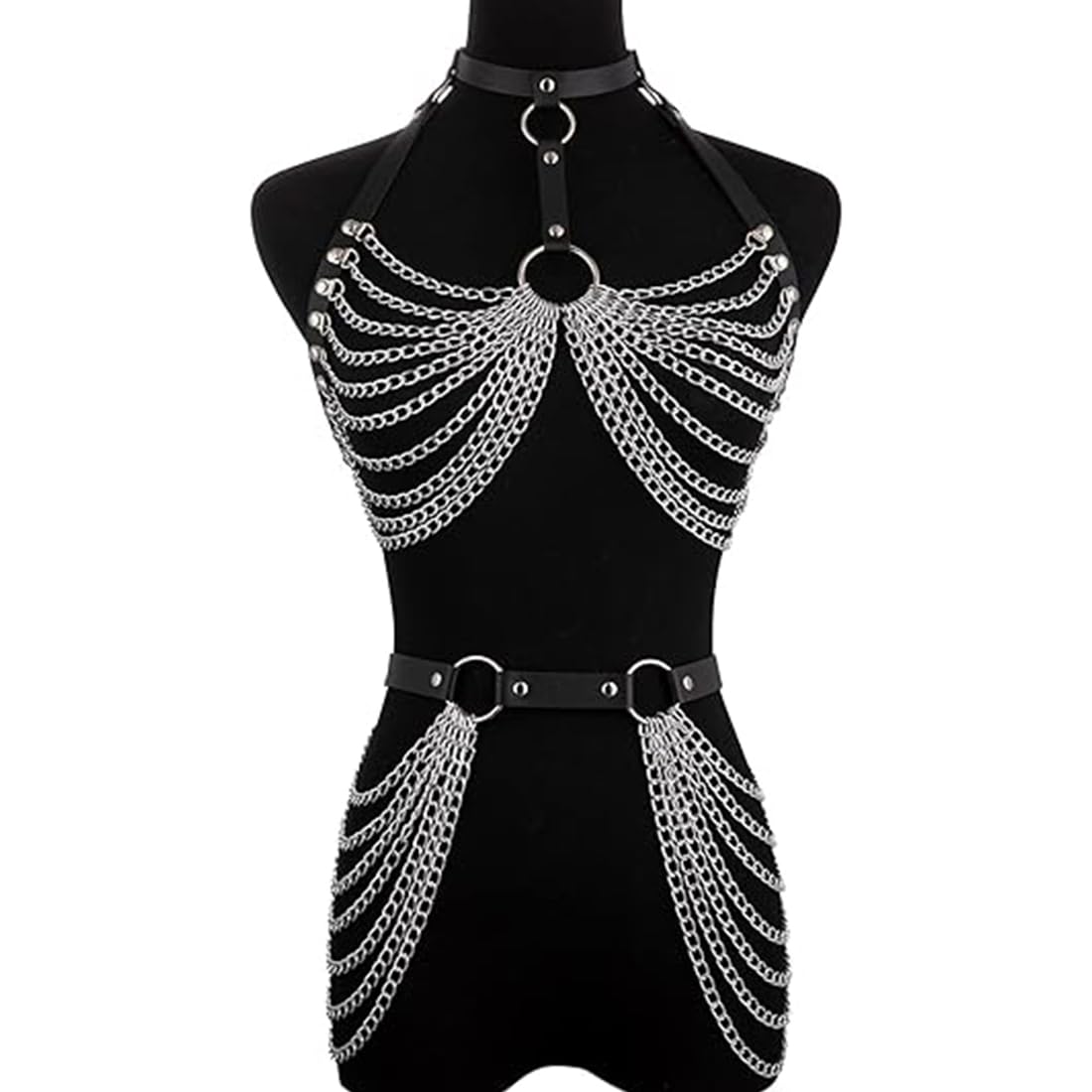 1 Satz Körperkette, Festival Outfit Damen, Gothic Schmuck, Bauchkette, Body Chain Sexy Taillenketten, Punk Leder Truhe Kette Schwarz, Geschichtet BH Ketten Mehrschichtig Körperketten Nachtclub