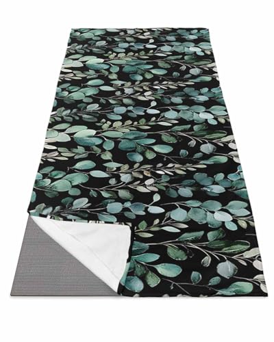BOSIJOY Yoga Mat Towel,Spring Plant Watercolor Green Leaves Non Slip Sweat Absorbent Hot Yoga Towels with Corner Pockets,Botanical Leaf on Black Soft Microfiber Towel for Pilates Bikram 74