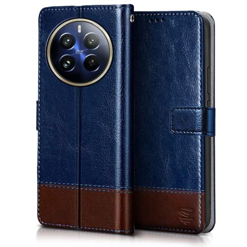 Image of Flipped Vegan Leather Flip Case Back Cover for Realme 12 Pro 5G | Realme 12 Pro Plus 5G (Flexible, Shock Proof | Hand Stitched Leather Finish | Card Pockets Wallet & Stand | Blue with Brown)