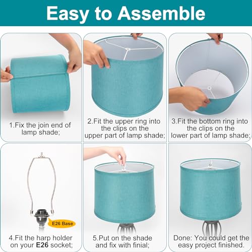 Image of Lampshades Set of 2, Blue Lamp shades for Table Lamps, Floor Lamps, 11.6 inch Top x 12.6 inch Bottom x 9.8 inch High, Fabric Drum Lampshade(Spider Fitter), Modern Lamp shades Replacement, Assembly Required