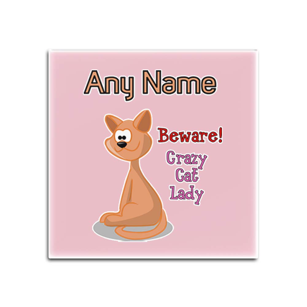 Personalised Gift - Crazy Cat Lady Square Glass Coaster (Animal Slogan Design White) Any Name Message Unique - Zoo Silly Cute Funny Novelty Wild Lover Kitty Kitten Pet