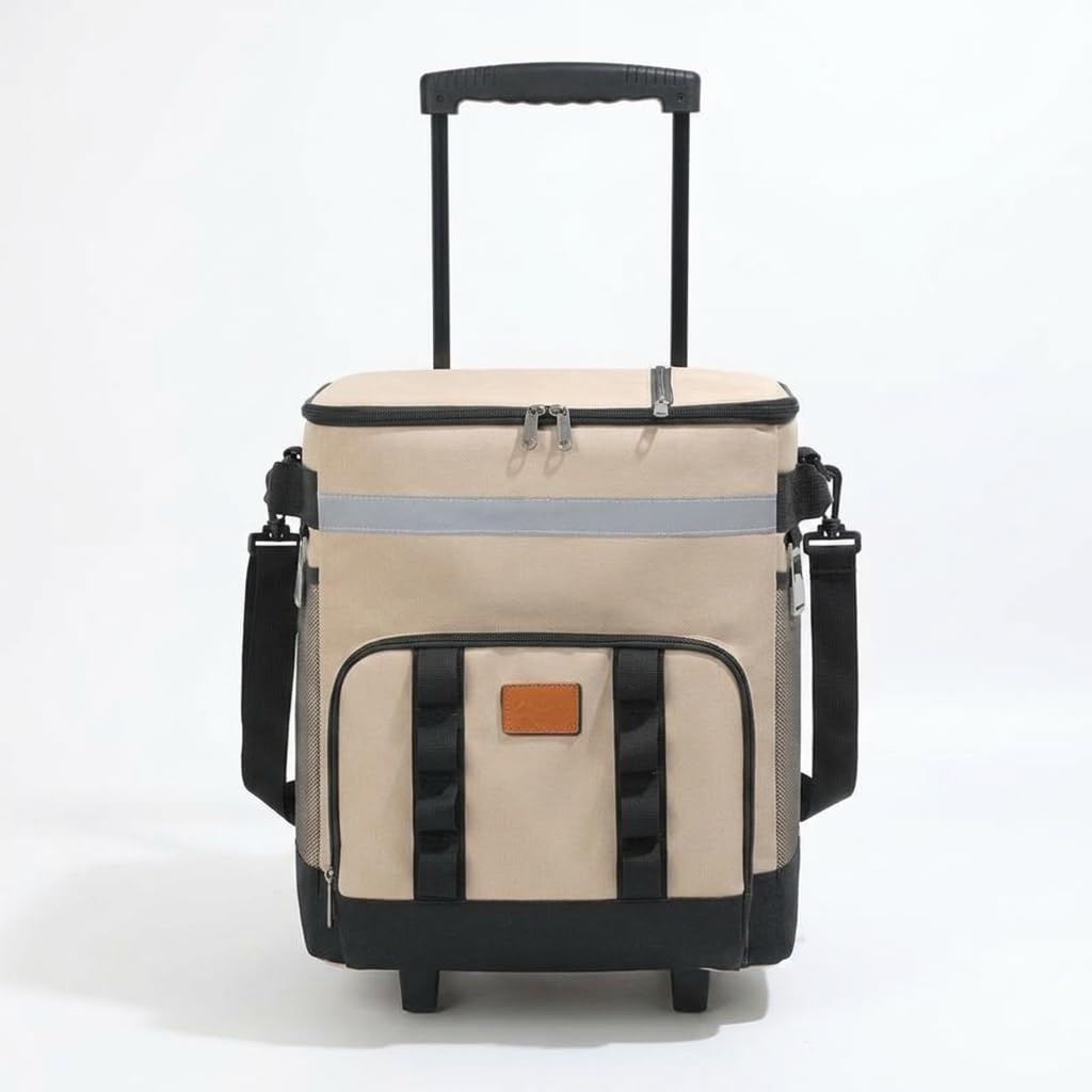 Borsa con Ruo, Grande Capacità, Borsa Frigo Portatile per Campeggio, Mare, con Manico lescopico e Ruo Scorrevoli, Cachi, Beige