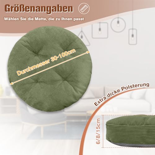 Lsjoaw Sitzkissen Rund 30cm Dicke 6cm 1 Stück Bodenkissen Rund Sitzpolster Stuhlauflage Sitzpolster Stuhlkissen Polster Auflage für Wohnzimmer Büro Konferenzraum Cordstoff (GrüN)