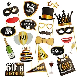 KissDate 24Pcs 60th Birthday Photo Booth Props, Funny DIY Kit for Men Women 60th Birthday Party Supplies Decoration and Favors (Black and Gold)