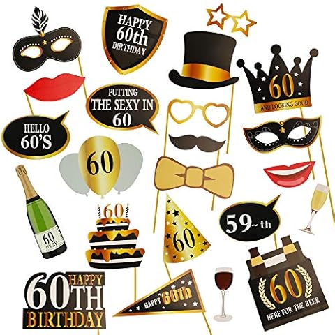 KissDate 24Pcs 60th Birthday Photo Booth Props, Funny DIY Kit for Men Women 60th Birthday Party Supplies Decoration and Favors (Black and Gold)… Cover