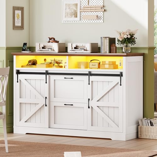 SEDETA 47.2' File Cabinet, 2 Drawers Filing Cabinets for Home Office fit Legal/Letter/A4 File, Farmhouse File Cabinet with Barn Door & Power Outlets, Printer Stand with Storage & LED Lights, White