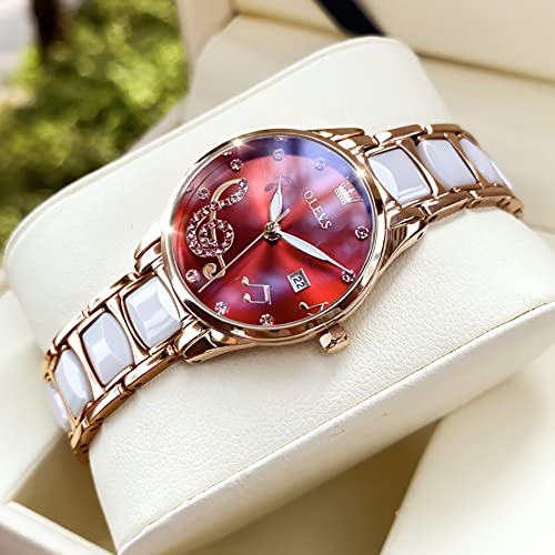 Image of OLEVS Women's Wristwatch, Fashionable, Easy to Read Japanese Movement, Popular, Cute, Date, Luminous, Waterproof, Valentine's Day Gift, Music Notes: Red-3605, Bracelet Type