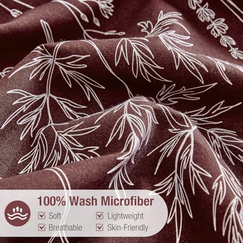 Image of Lekesky Floral Duvet Cover Queen Size, Burgundy Duvet Cover Queen Plant Flowers Pattern Bedding Set for All Season, Soft Breathable Comforter Cover with Zipper Closure & Corner Ties