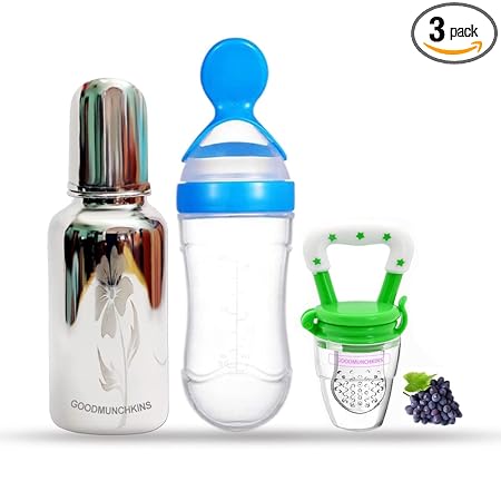 GOODMUNCHKINS Stainless Steel Feeding Bottle, Food Feeder & Fruit Feeder for Baby/Infants-304 SS-No Joints-Anti Colic Silicon Nipple-Food Grade Silicon Feeder BPA Free Pack 3 (Blue-Green, 220)