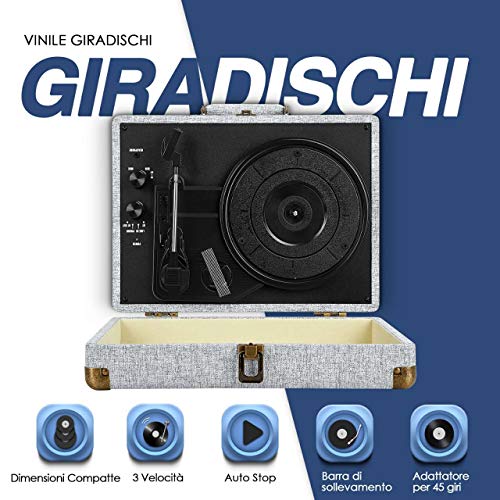 Giradischi, Souidmy Giradischi Bluetooth con Altoparlanti, 3 Velocità, AUX/Cuffie/RCA, Nuova Funzione Wireless Incorporata, Argenteo