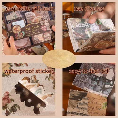 Image of GDNK Scrape Book Kit Scrapbooking Kit Vintage Journal Scrapbook Pack DIY Paper Stickers, Craft Kits Notebook, Collage Album Aesthetic Sticker Journaling Scrapbook Photo Album (Brown Art Guide)