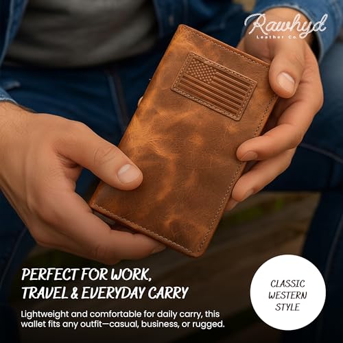 Image of Full-Grain Leather Classic Long Bifold Wallet - Sleek Handcrafted Vertical Wallet - Compact Minimalist Men's Bifold Wallets w / Multiple Card Slots, 2 Long Side Pockets, and Sleeve (American Flag)