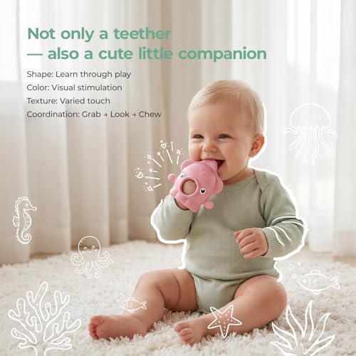 Image of Momcozy Baby Teething Toys, Food Grade Silicone Baby Teether for 0-12 Months, Baby Adjustable Teethers Mitten, Easy Grip Teething Relief with Multiple Chew Points,Sensory Exploration ,Sky Blue