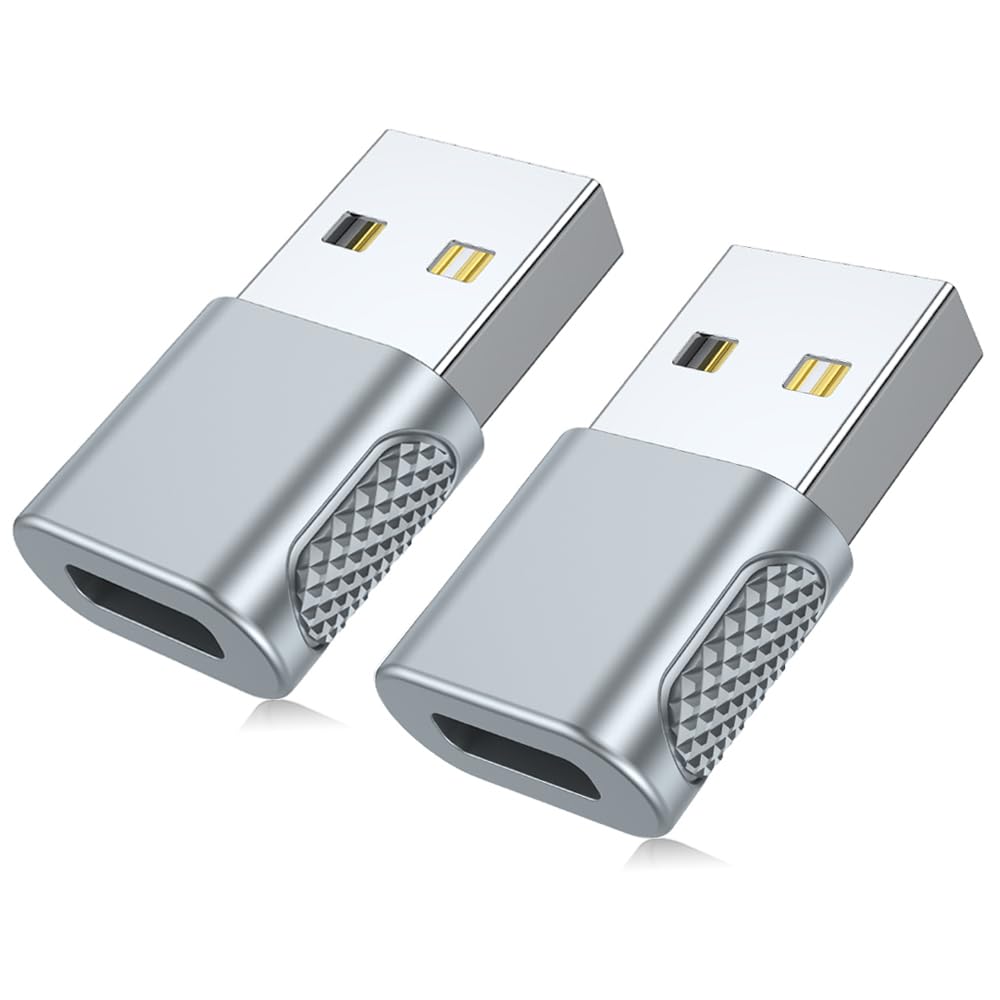 AuviPal USB-C Female to USB-A Male Adapter (2-Pack), 18W Fast Charging, 480Mbps Data Transfer, Audio & CarPlay Support, Durable Zinc Alloy Metal Converter - Silver