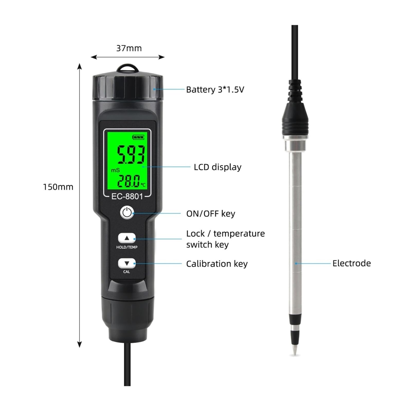 Feuchtigkeitsmesser, Digitaler EC/Temp Bodentester 0,00 ~ 10, ms/cm Leitfähigkeitsmessgerät Sensor Erdanalysator mit ATC Pflanzgarten Outdoor für Garten, Bauernhof(EC-8801B)