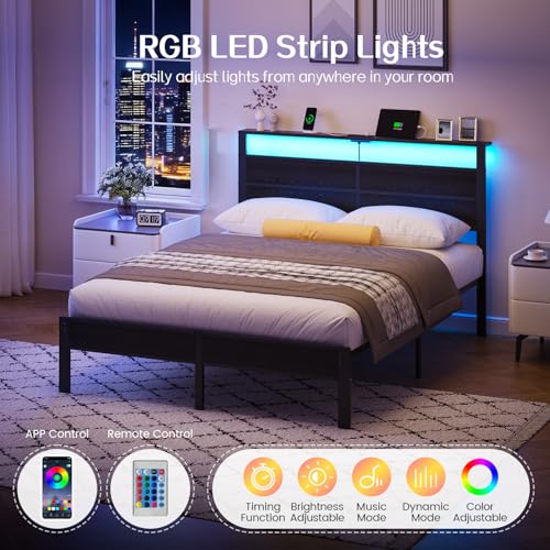 Image of Liians Queen Size Black Metal Bed Frame with USB Type-C Charging Headboard, Smart LED Lights, Noise-Free Platform Bed, No Box Spring Needed, Easy Assembly