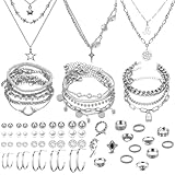 IFNODO 37pcs Silver Jewelry Set With 3 PCS Necklace, 14 PCS Bracelet, 7 PCS Ear Cuffs Earring, 6pcs Hoop Earrings,7pcs silver rings set For Women For Birthday Gifts (1009-1SL)