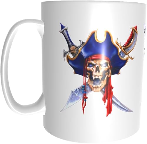 Pandok White Ceramic Mug - People - Pirate : Pirate Skull Emblem With Tricorn Hat And Crossed Cutlasses - Single Mug