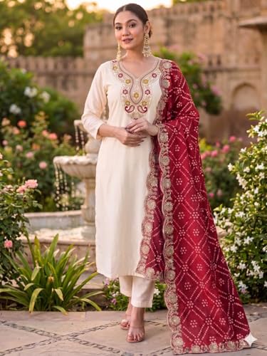 Image of Elegant Ethnic Kurta Set with Heavy Bandhani Embroidered Dupatta Festive & Occasion Ensemble for Women