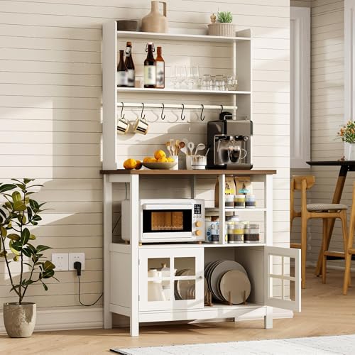 ChooChoo Farmhouse Bakers Rack with Power Outlets and Storage, Coffee Bar Cabinet with Storage, Microwave Stand Kitchen Cabinet with Hutch and 6 Hooks, Soft White & Brown: Home & Kitchen - view 1