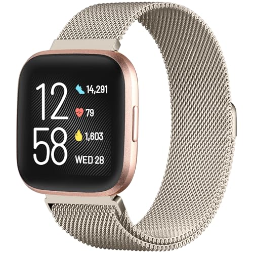 ZWGKKYGYH Compatible with Fitbit Versa 2/Versa/Versa Lite Bands for Women Men, Metal Mesh Magnetic Band Stainless Steel Bracelet Strap Replacement for Fitbit Versa Smartwatch, Champagne Small