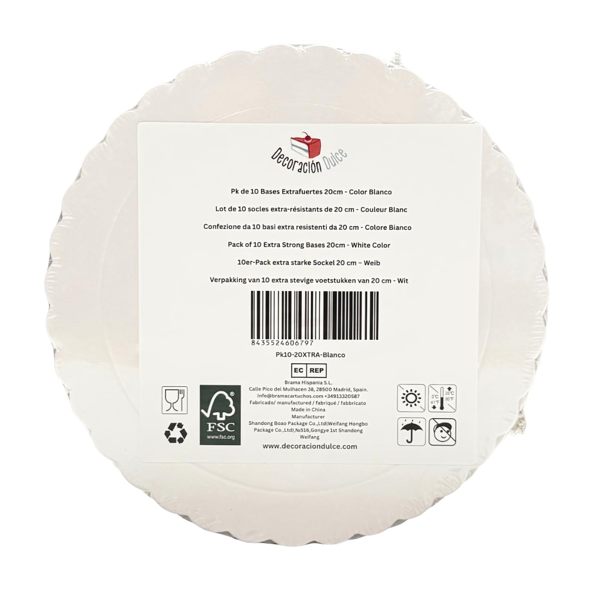 Decoraciondulce 10 x Discos/Bases Extrafuerte de 20cm X 3 Mm. Altura para pasteles (10 X Blanco)