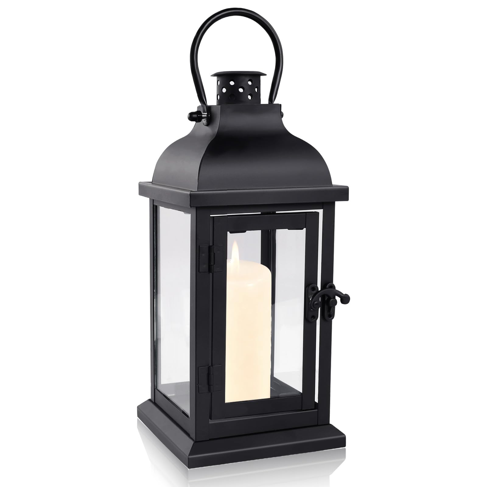 Lanterne Bougie Exterieur Noire, 27cm Métal Lanternes Outdoor Funeraire pour Cimetière, Lanterne Résistante aux Intempéries, avec Vitre et Poignée, Décoration de Jardin, Lumière à Vent Intérieur