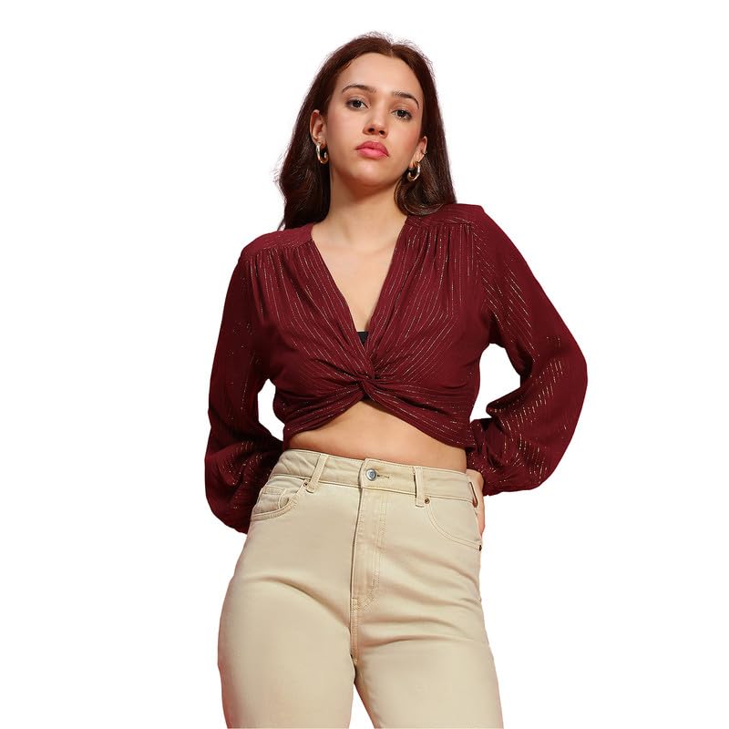 oxolloxo Women V-Neck Long Sleeve Gathered Pleated Lurex Rayon Crepe Crop Top