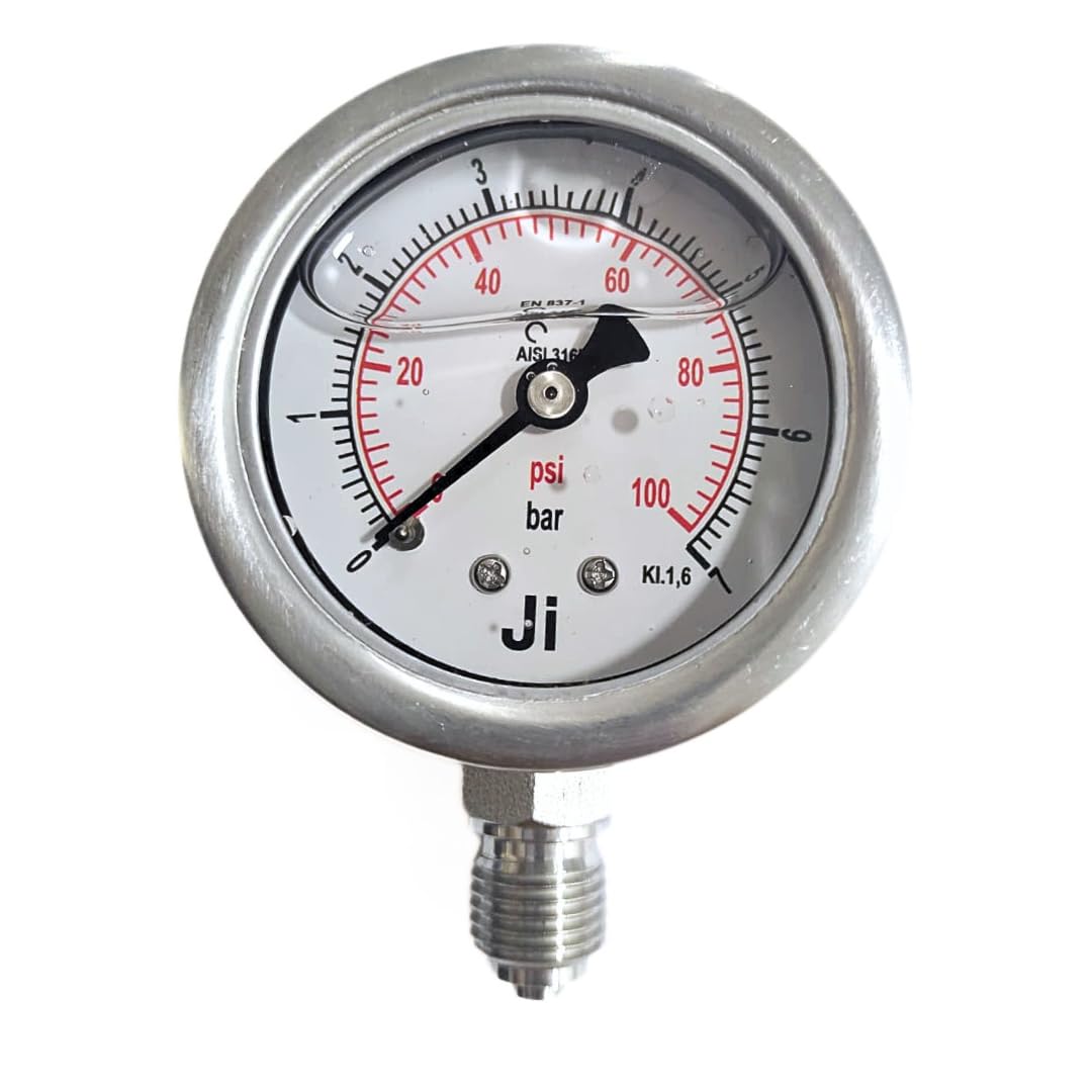 "Ji" Japsin Instrumentation Industrial Pressure Gauge Glycerin Filled, 2" (50 mm) Dial, Range 0 to 7 Bar with Dual Scale of 100 PSI, Direct Bottom Entry, 1/4" BSP (M) Connection, SS Case & SS Wetted-image-6