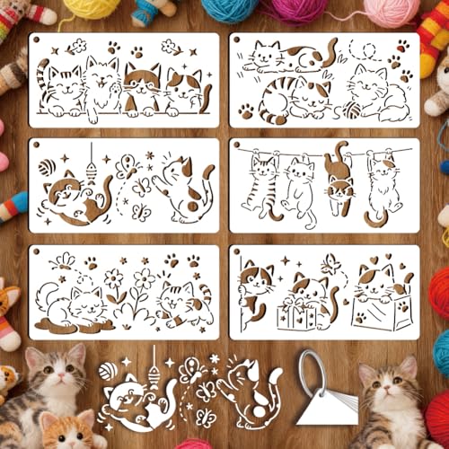 GOMAKERER 6 feuille de Pochoirs Chaton Mignons pour Peinture, Pochoir Chat Jouant avec des Fleurs et des Papillons Modèle de Pochoir Thème Animaux de Compagnie pour...
