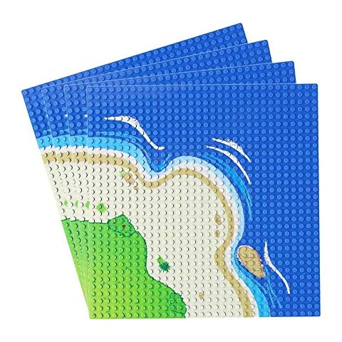 Feleph 4 Pieces Classic Blue Baseplate for City Road Beach, Ocean Island Street Water Base Plate 25 x 25 cm, Pirates Sea Toy Kit for Building Bricks Compatible with All Major Brands (Curve-4) Cover