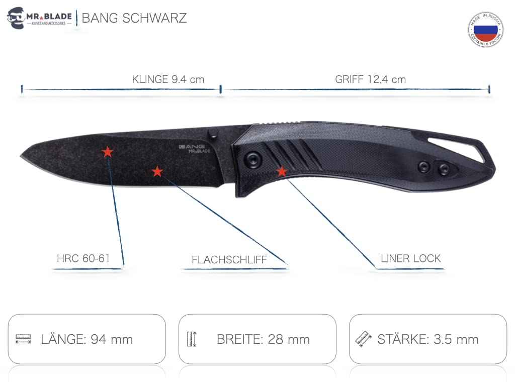 Mr. Blade Nowoczesny scyzoryk — Bang czarny — Bushcraft nóż outdoorowy ze stali D2, czarny, Large X-Weit