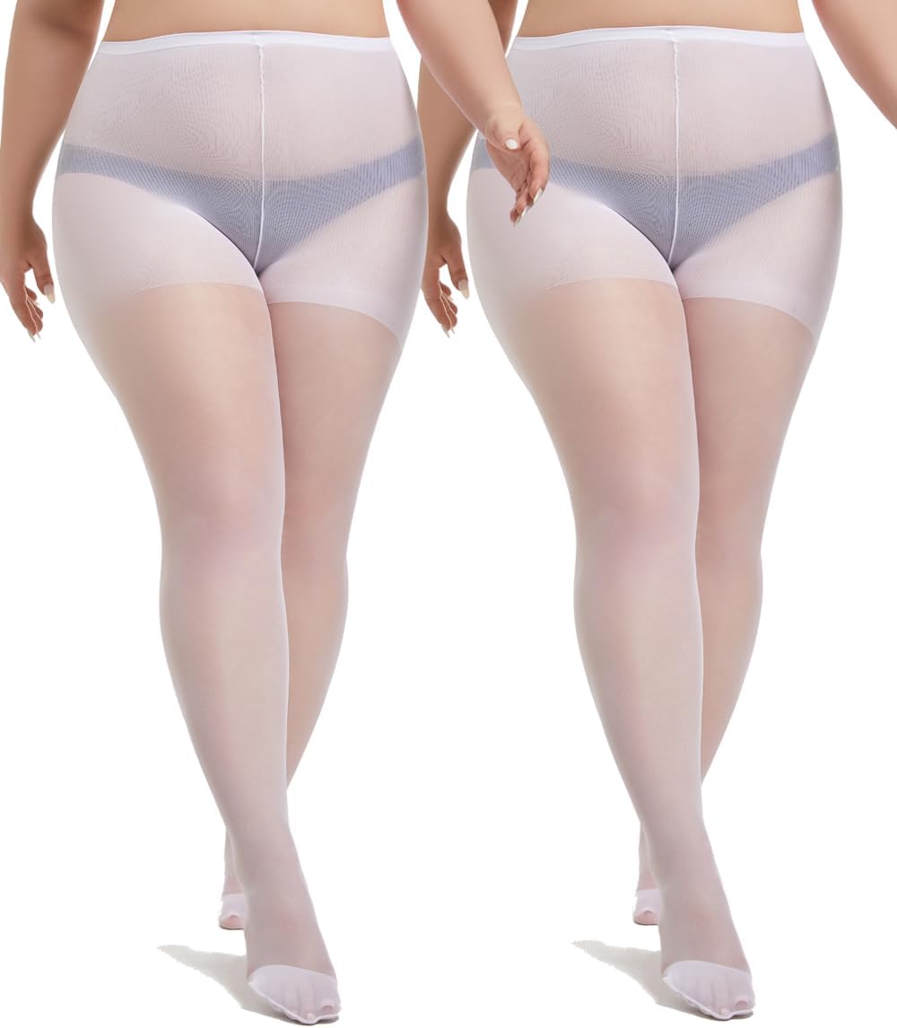 MERYLURE Plus Size Tights for Women, 20D Ultra Thin High Waist Pantyhose with Reinforced Toes Sheer Stockings 2 Pairs