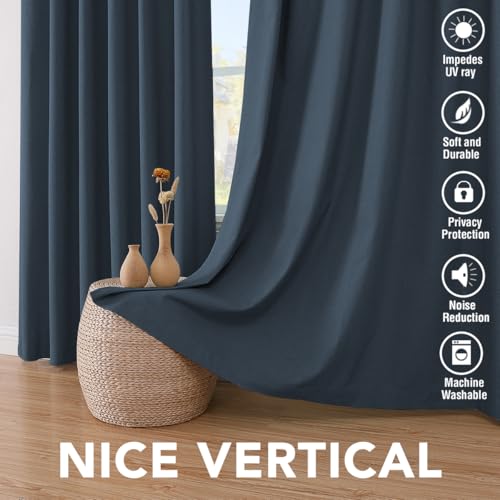 Image of H.VERSAILTEX (Set of 2) 100% Blackout Thermal Insulated Textured Rich Material Linen Curtains Traditional Antique Grommet Curtain Panels, 52 x 96 inches - Navy