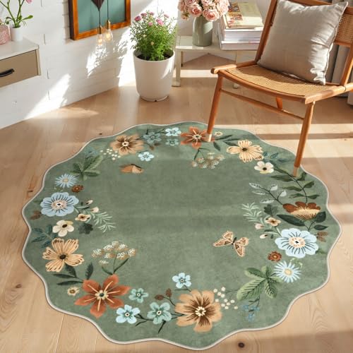 Lahome Floral Round Area Rugs Washable Small Round Rug 3ft Non-Slip Soft Boho Ultra-Thin Circle Carpet for Bedroom Entryway Kitchen Laundry Bathroom Green